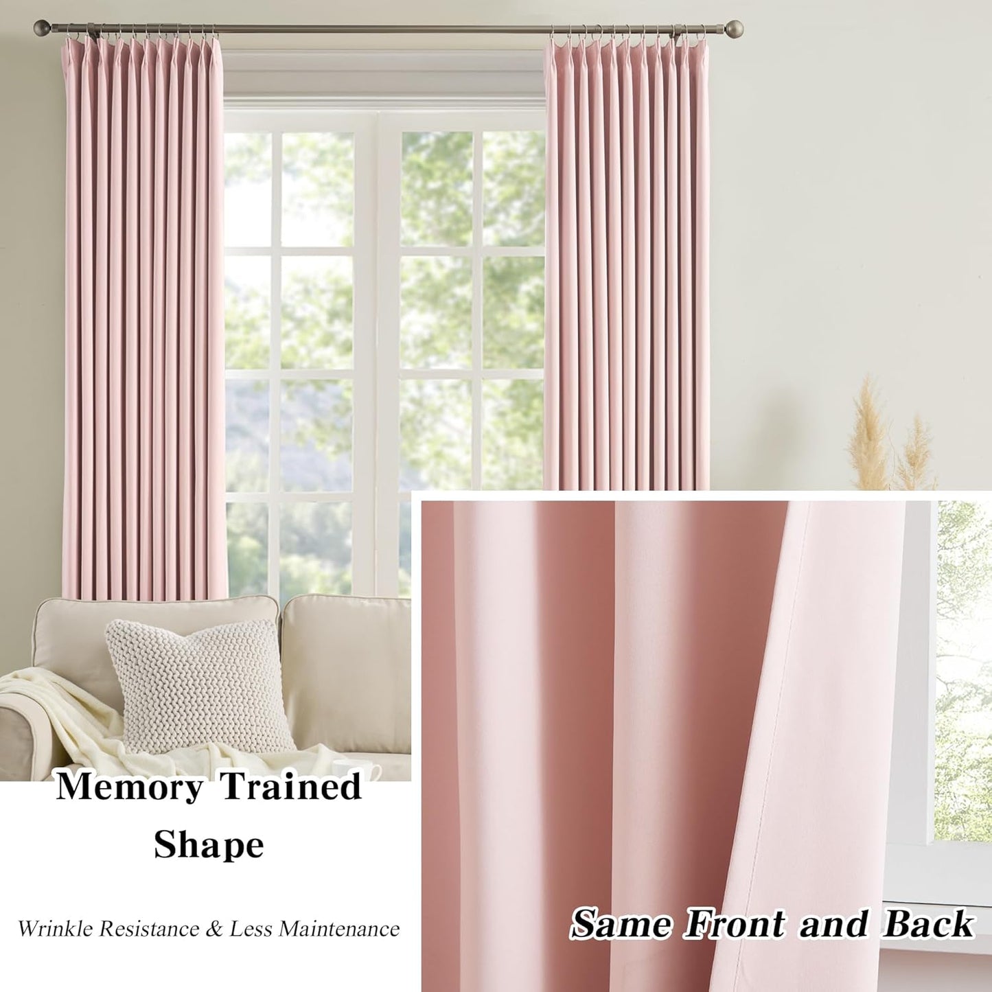 KEQIAOSUOCAI Pinch Pleated Baby Pink Blackout Curtains 72 Inches Long, Sound & Light Reducing Room Darkening Drape for Girl's Bedroom(2 Panels, W40 x L72)