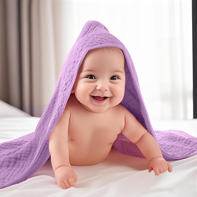 VitalCozy 12 Pcs Baby Muslin Hooded Bath Towels and Washcloths, 32 x 32 Inch Muslin Cotton Hooded Baby Towels Absorbent Hooded Blankets for Gift Newborn Infant Shower (Purple Series)