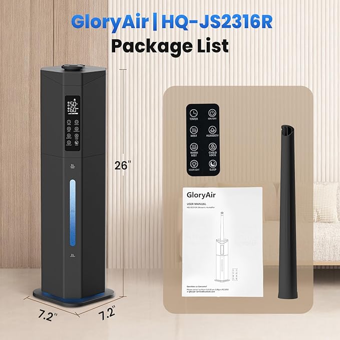 Humidifiers for Bedroom - GloryAir 2.38Gal/9L Top Fill Warm & Cool Mist Humidifier for Large Room 750ftΒ² with Auto Mode 7-Color Light, Humidistat, Quiet Humidifier for Plants Baby Adults Home & Office