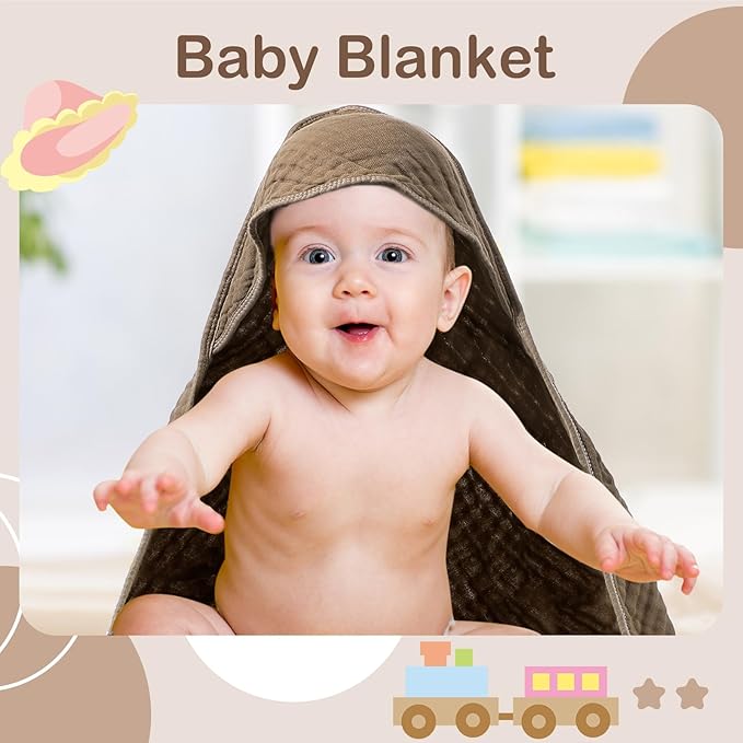 Peryiter 4 Pcs Muslin Hooded Baby Towels, 32"x 32" Cotton Newborn Bath Towel Muslin Infant Baby Blankets Absorbent Unisex Christmas Registry Gift Essentials for Girls Boys (Coffee)