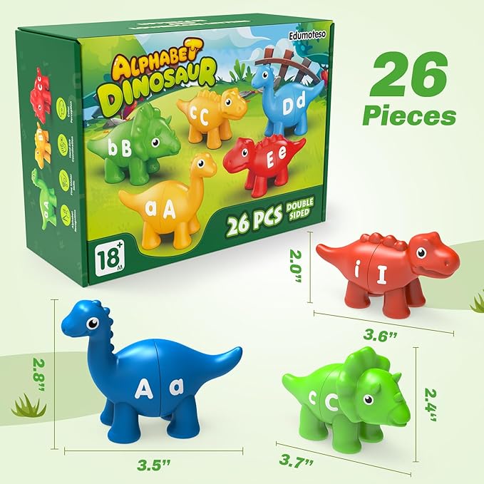 26PCS Dinosaur Alphabet Learning Toys for Kids 3-5, Montessori Educational Toys for 3 4 5 Year Old, Toddlers Preschool Activities Fine Motor Toys for Boys, Double Sided ABC Matching Game