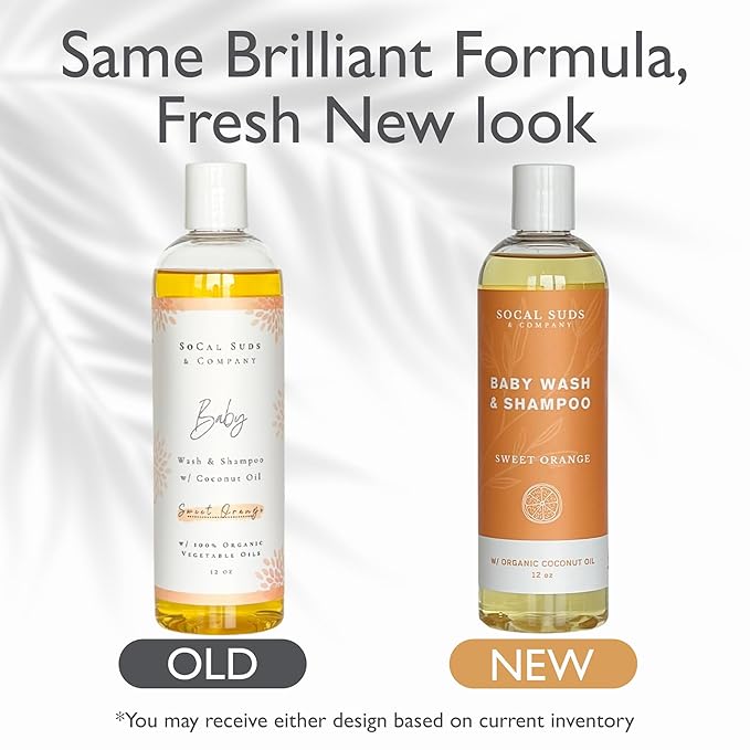 SoCal Suds & Company Baby Shampoo & Body Wash, 2-in-1 Organic Gel - Gentle Castile Soap with Vitamin-Infused Oils & Botanicals - Natural Care for Sensitive Skin Hypoallergenic - 12oz Sweet Orange