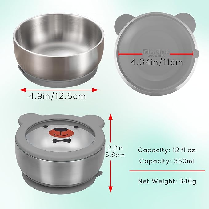BPA-Free 100% Food-Grade Stainless Steel Baby Bowls with Suction Toddler Bowl Double-Layer Insulated Kids Bowls with Non-Slip Silicone Suction Cup Infant Bowls with Spoon Airtight Glass Lids Gray