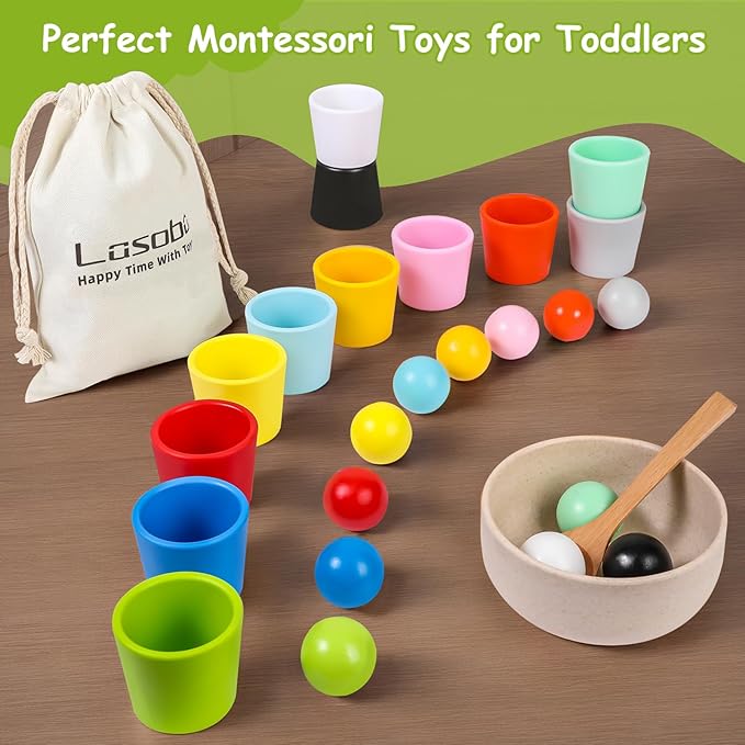 Rainbow Balls in Cups Toddler Montessori Toys - Color Sorting Toys for Toddlers for 3 Year Old Up, Learning Color Sorting and Counting, Kids Preschool Wooden Matching Games (12 Balls, 1.4 in)