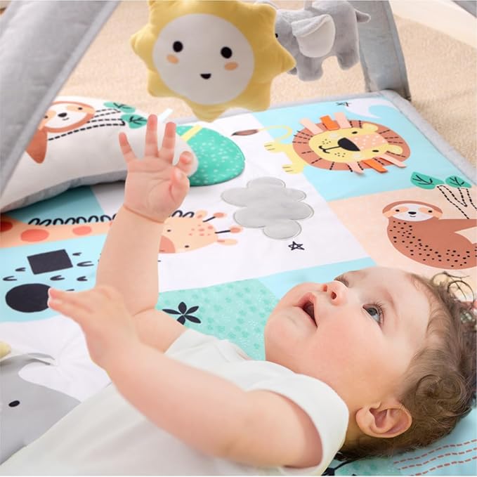 The Peanutshell Unisex Baby Play Gym & 7-in-1 Play Mat - Playmat Baby Toys 0-6, 6-12 Months Tummy Time Mat with Hanging Toys, Soft Padded for Newborns, Infants - Safari