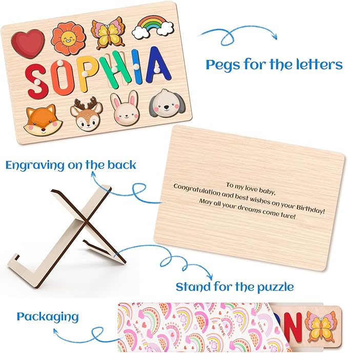 Personalized Name Puzzle for Kids, Custom Wooden Puzzles for Toddlers 1-3 Engraved Text on Back, Personalized Baby Gifts Educational Toys for 1 Year Old Girl Gifts for Birthday Baptism
