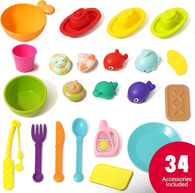 Water Table for Toddlers 1-3, 4-in-1 Outdoor Sand and Water Play Tables with Pump, Summer Kitchen Sink Toy with Fishing Game, Floating Boat, Sensory Gifts for Kids Ages 3-8