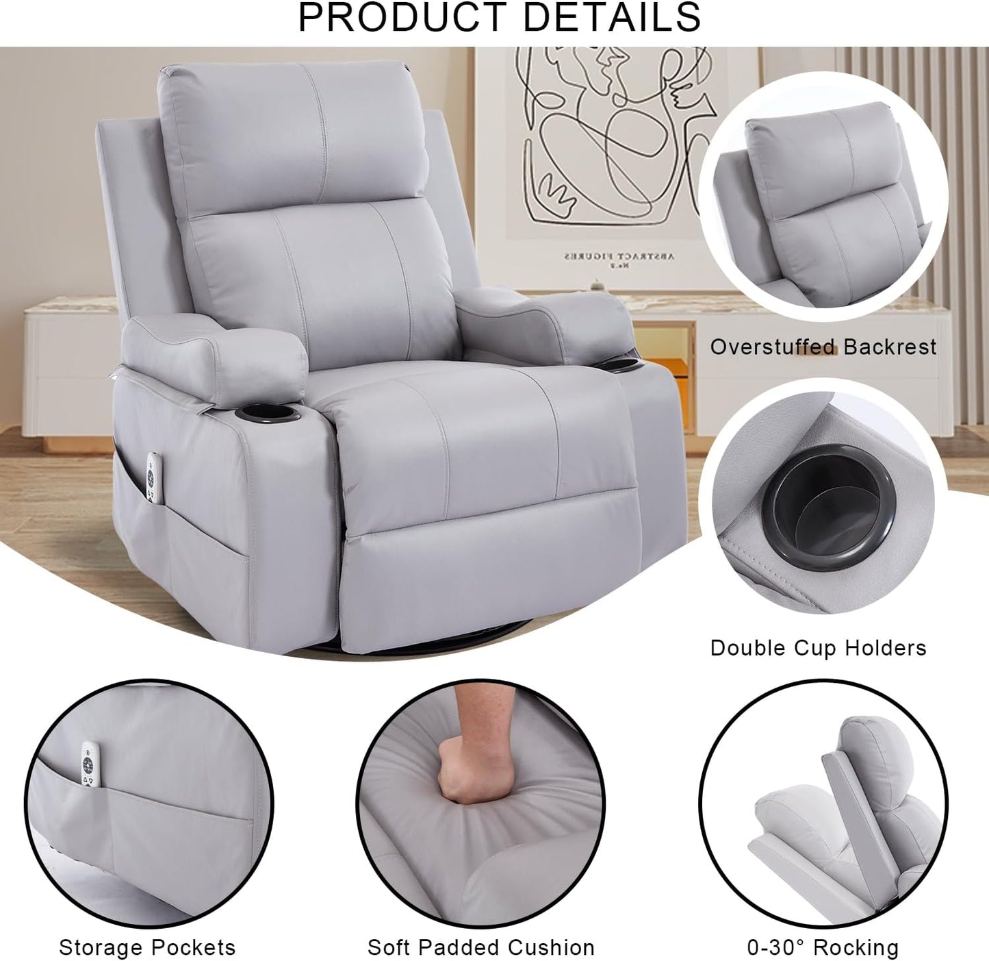 KCQ Electric Massage Swivel Rocker Recliner Chairs with Heat Cup Holders Overstuffed PU Leather Power Rocking Glider Chairs Reclining Lounge Chair for Adults, Grey