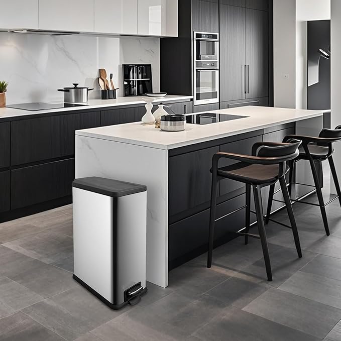 12 Gallon Trash Can with Lid,45L Kitchen Garbage Can,Stainless Steel Trash Can for Narrow Spaces with Soft-Close Lid, Inner Bucket, and Step-on Pedal