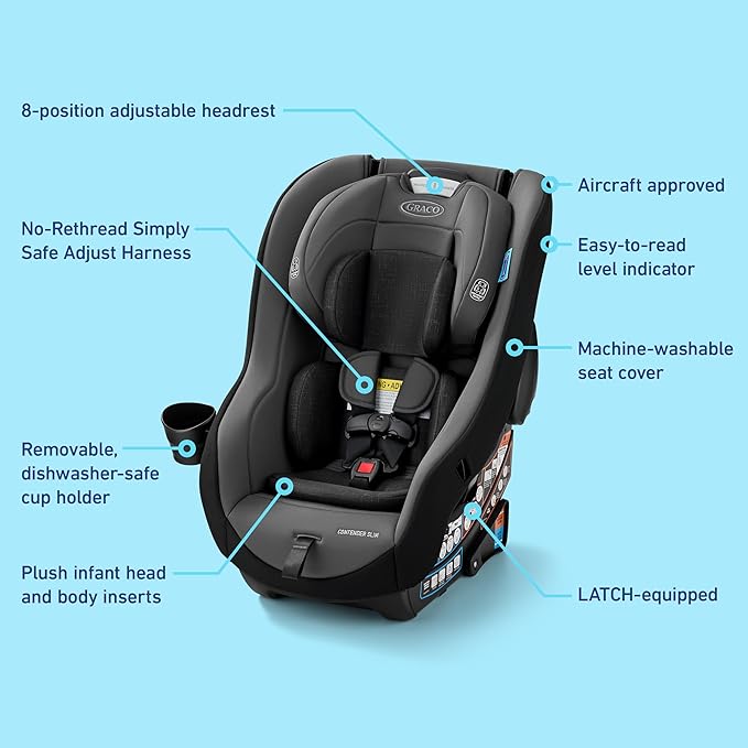 Graco Contender Slim Convertible Car Seat, West Point, Lightweight Travel Car Seat with Compact, Space-Saving Design, Rear-Facing 5–40 lbs, Forward-Facing 26.5–65 lbs, Easy to Transfer, FAA Approved