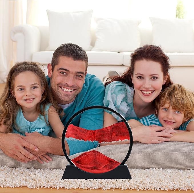 Moving Sand Art Liquid Motion, 3D Deep Sea Sandscape Color Quicksand Decor, Round Glass Moving Sand Art Picture Relaxing Desktop Home Office Work Decor (Red, 12 inch)