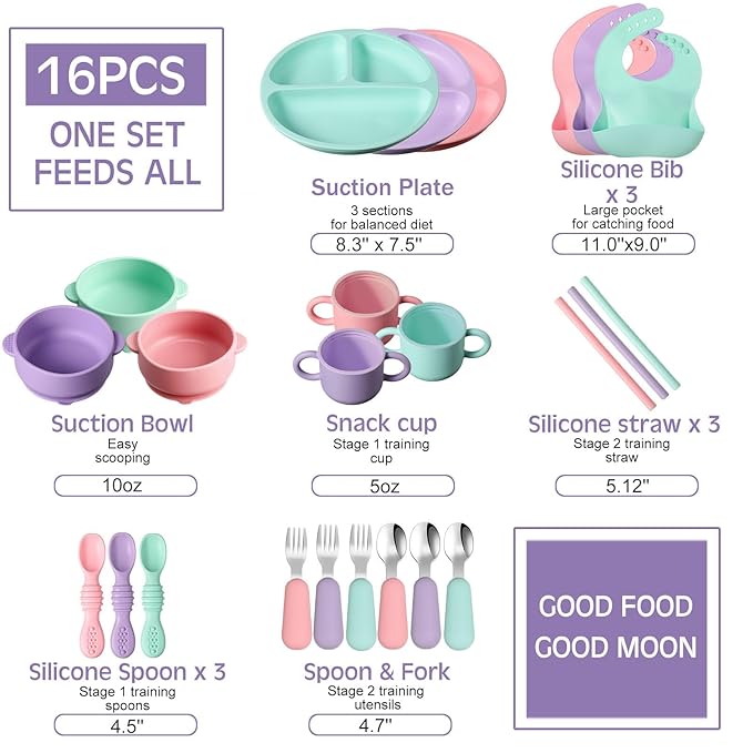 24 Pack Silicone Baby Feeding Set Baby LED Weaning Supplies Includes Suction Divided Plates Soft Bowl Spoons Forks Adjustable Bib Snack Cup and Straws(Pink, Purple, Mint Green)