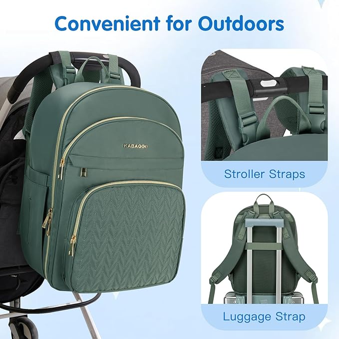 KABAQOO Baby Diaper Bag Backpack, Waterproof Diaper Backpack for Mom & Dad with Changing Pad, Insulated Pockets and Stroller Straps, Baby Shower Gifts for Girls & Boys, Sage