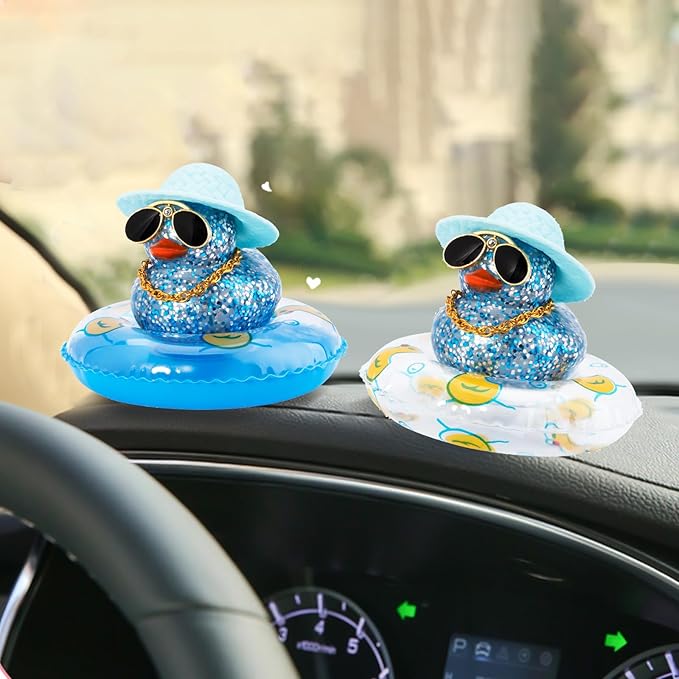 wonuu 2Pcs Car Dashboard Decorations Color Ducks, Rubber Duck for Car Ornament Accessories with Mini Hat Sunglasses Necklace and Swim Ring, B_Dark Blue Duck+Blue Sun Hat&Blue Sun Hat