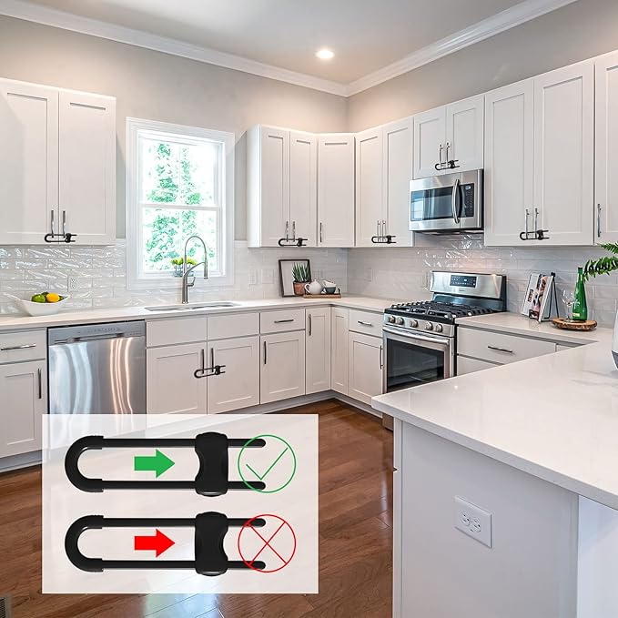 Jetec 10 Pieces Cabinet Locks for Babies, U-Shaped Proofing Drawers Safety Child Locks Adjustable, Easy to Use Childproof Latch for Knob Handle on Kitchen Door Storage Cupboard Closet (Black)