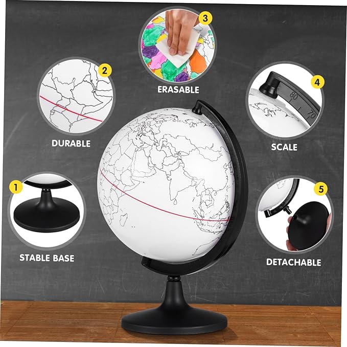 White Globes with Stand, Diy Color Your Own World Globe Blank Earth World Map Unfinished Erasable Painting Model Learning Interactive Geography