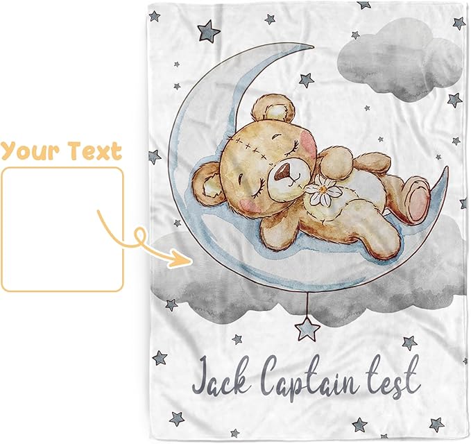 Personalized Baby Blanket, Custom Baby Blankets with Name for Infant Boys Girls, Flannel Double Layer Dotted Backing Receiving Swaddle Blanket, Gray Bear Toddler Customized Gifts(60"x80")