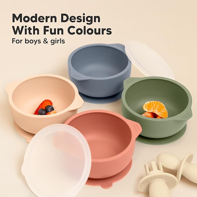 KeaBabies 2-Pack Baby Bowls with Suctions, Lids - Silicone Toddler Suction Bowls for Baby Boy, Girl, Kids, Food Grade Silicone, BPA-Free, Dishwasher Safe, Toddler Eating Essentials (Slate)