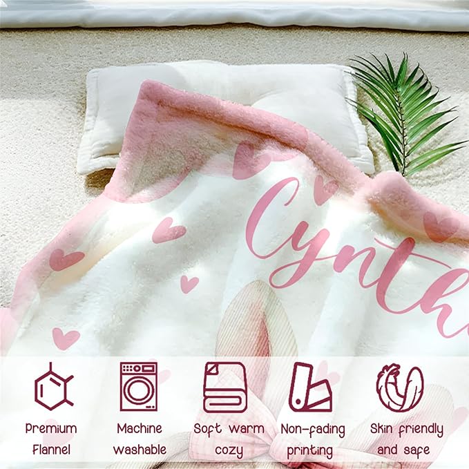 Personalized Baby Blanket for Girls, Custom Baby Blanket with Name, Soft Cozy Personalized Name Blankets for Kids, Customized Rabbit Blankets for Infant Toddler Birthday Christmas