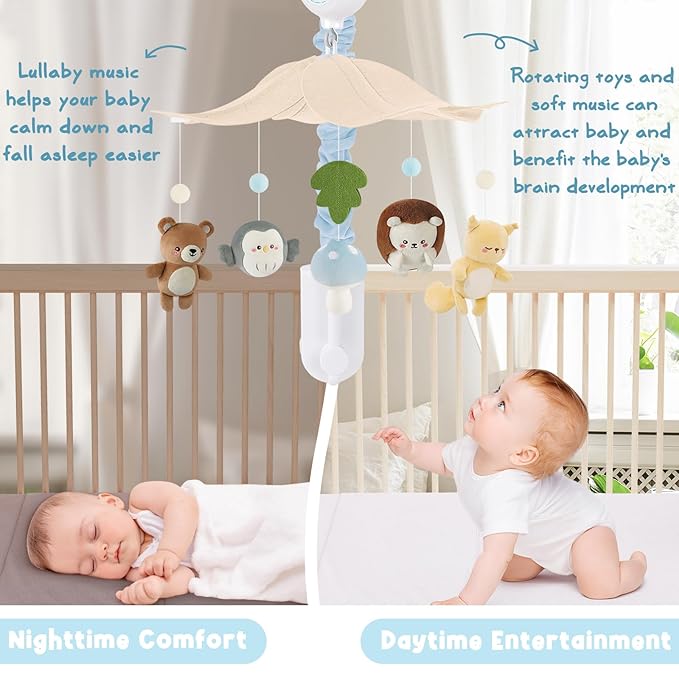 Woodland Crib Mobile – Animals Baby Mobile for Crib with Upgraded 3-Mode Music Box, Blue Nursery Mobiles for Boys & Girls, Fits Standard Cribs, Forest Nursery Decor