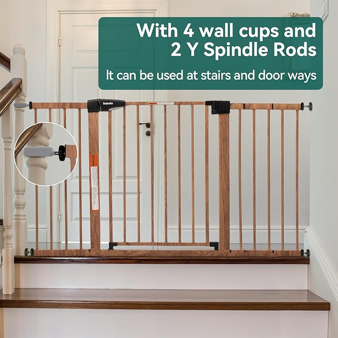 Babelio Metal Auto Close Baby Gate PressGuard P7,Extra Wide Pet Gate for The House and Doorways, Pressure Mounted Walk Thru Child Gate with Door (Brown Wood Pattern, 30" Tall 29"-55" Wide)