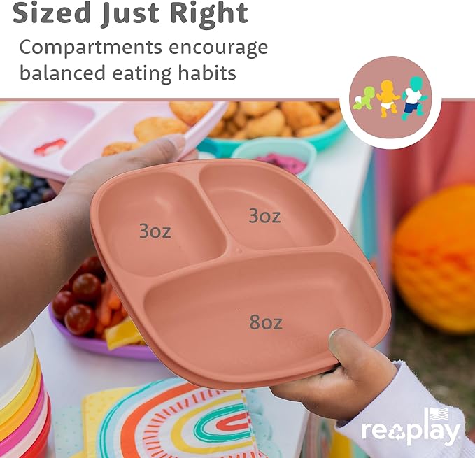 Re-Play Toddler Plates with Dividers - Deep-Walled 3 Compartments Divided Plates for Kids - Dishwasher & Microwave Safe - Made in USA - Set of 3-7.37" x 7.37" x 1.25" - Blossom