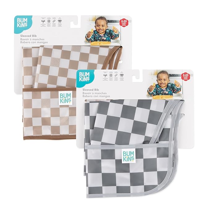 Bumkins - Sleeved Bib -For Boys & Girls, Babies & Toddlers 6-24 Months - Lightweight, Durable, Waterproof - Long Sleeve Bib - Catch-All Pocket - Wipeable & Machine Washable -Beige & Gray Check -2 Pack