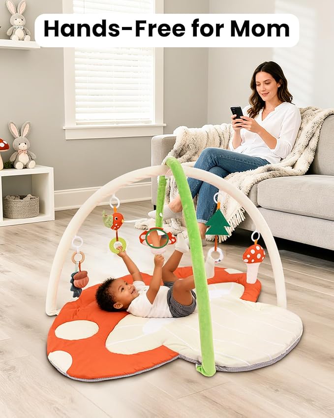 Baby Play Gym, 7-in-1 Thickened and Larger Activity Mat, Washable Baby Play Mat with Non Slip Bottom, Tummy Time Mat with 5 Detachable Toys for Motor Skills, Easy to Store - Mushroom