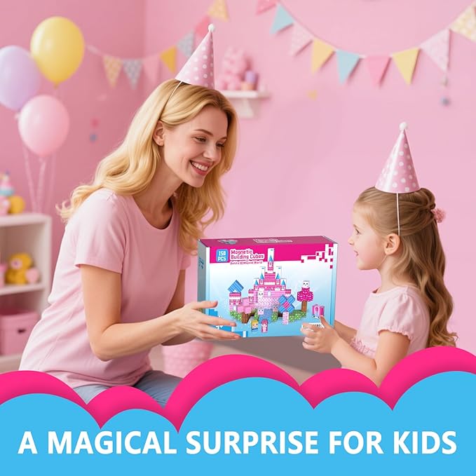 150PCS Magnetic Blocks, Magnet Building Cube Toy, Build 3D Pink Princess Castle Set for Girls, Montessori Sensory Toys for Kids, STEM Educational Toys, Christmas, Children's Day Gift for Boys & Girls