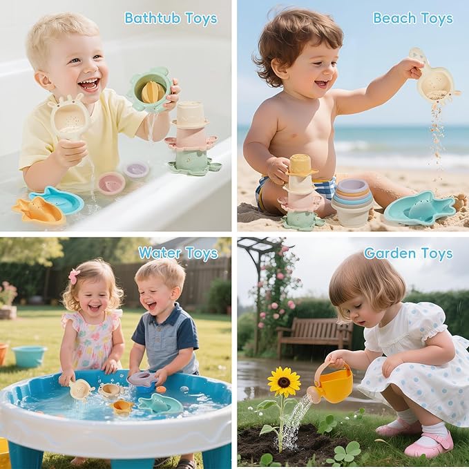 Bath Toys for Kids Ages 1-3, 16PCS | Easy-Clean & Mold Free Bath Toys for Babies with Stacking Cups | Watering Can, Bath Boats & Spoon with Storage Bag, Bathtub Water Sand Pool Toys for Toddler Gifts