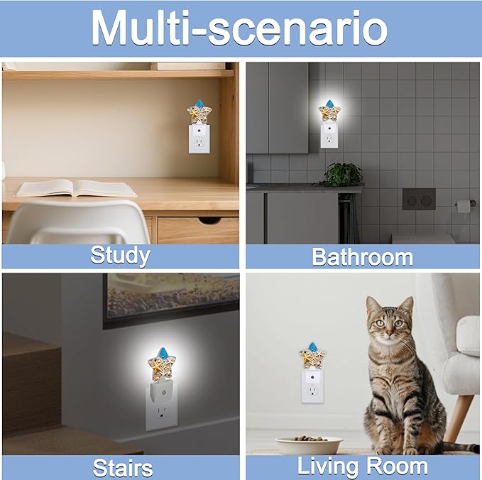 Coastal Seashell Starfish Night Lights Plug Into Wall,Blue Wooden Star Night Light for Kids,Nightlight with Dusk to Dawn Smart Sensor for Bedroom Bathroom Decor,Children Women Men Gift