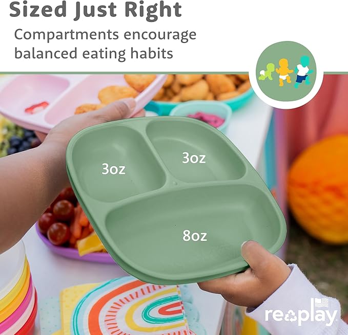 Re-Play Toddler Plates with Dividers - Deep-Walled 3 Compartments Divided Plates for Kids - Dishwasher & Microwave Safe - Made in USA - Set of 3-7.37" x 7.37" x 1.25" - Beach Baby