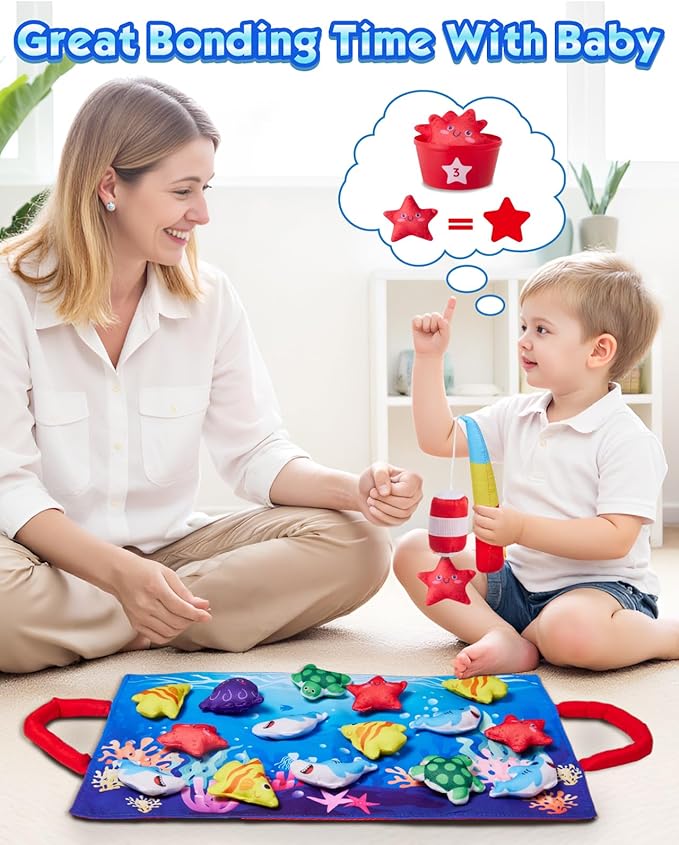 Montessori Toys for 1 Year Old: 10 In 1 Cloth Fishing Game Set with 5 Diverse Fish, 23pcs Stacking Toy Educational Learning Toy for 1 2 3 Years Old Toddler Toys Baby Boys Girls Birthday Gifts