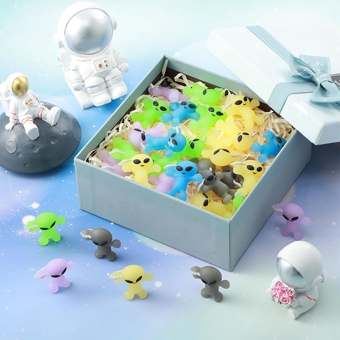 40 Pcs Colorful Mini Alien Figures Glow in The Dark Small Little Tiny Aliens Figurine Space Ship Toy Space Party Favors Prank Rubber Bag Piñata Filler