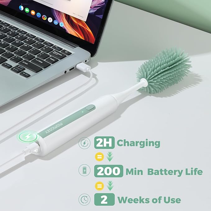Momcozy 7 in 1 Electric Bottle Brush Kit, Portable Cleaning Set with Formula Mixer, Silicone Brush, Nipple Brush, Straw Brush, Soap Dispenser, Drying Rack - Long Battery Life for Home & Travel
