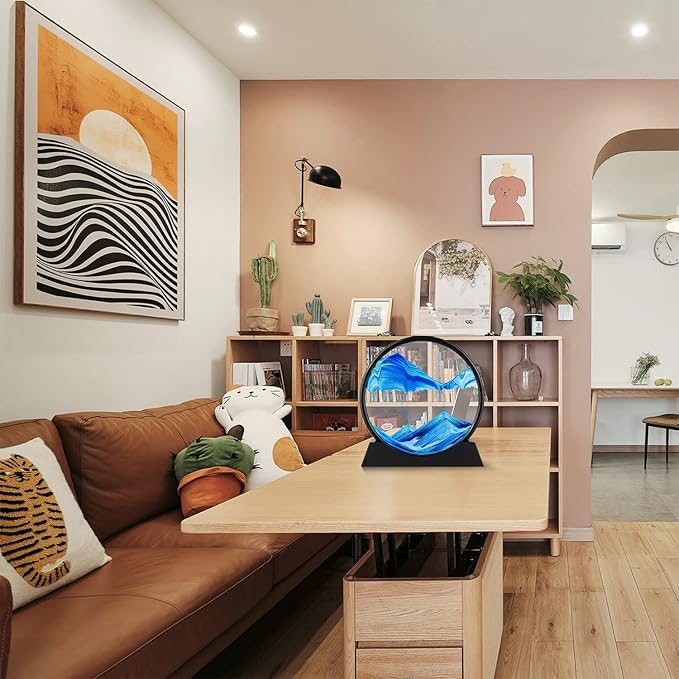 Moving Sand Art Picture - 3D Quicksand Painting Decor - Round Glass 3D Deep Sea Sandscape - Relaxing Home Decoration Desk Toys for Home Office Desk Mantle Bookshelf- (Blue, 7 in)