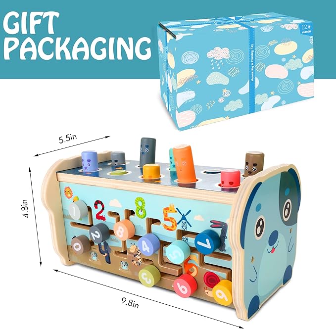 KIDWILL Montessori Pounding Toy for 1 2 Year Olds Wooden Hammering & Activity Board with Xylophone, Number Maze, Pounding Bench Educational Toddler Gift Toys Age 1-3