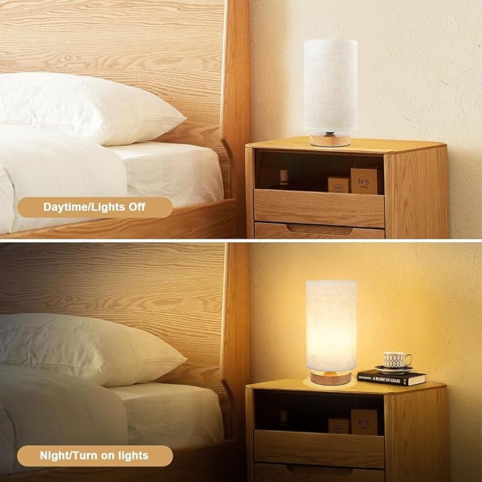 3-Color Adjustable Bedside Table Lamp for Bedroom Set of 2,Minimalist Wood Base&Round Fabric Shade,Cozy Lighting Nightstand Boho Lamp,Reading Desk Night Stand Light for Room,Office,kitchen,Nursery