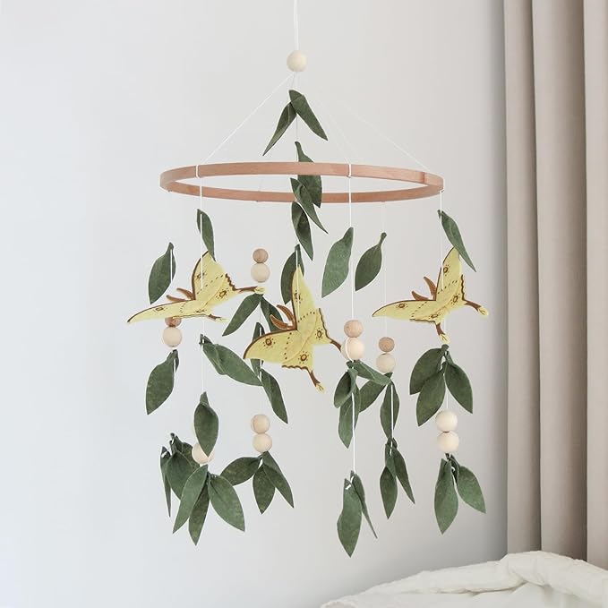 Forest Crib Mobile for Girls Boys, Yellow Butterfly & Green Leaves Baby Mobile for Crib, Butterfly Mobile for Crib Girl, Forest Nursery Mobile