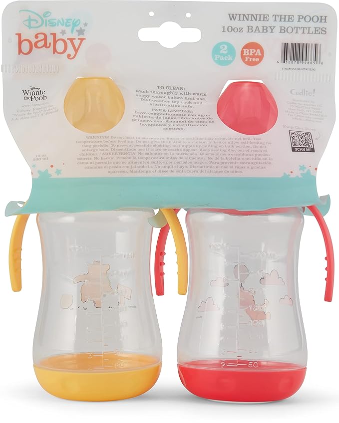 Disney 2 Pack 10 Ounce Baby Bottles with Character Prints and Colored Covers with Double Handle - BPA Free and Easy to Clean