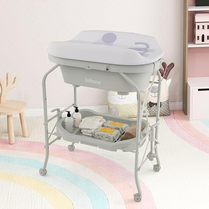 INFANS 2 in 1 Baby Changing Table with Bath Tub Unit, Folding Diaper Dresser Station with Wheels Waterproof Pad Storage Rack, Portable Nursery Organizer Stand for Newborn Infant (Light Grey)