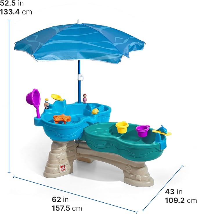 Step2 Spill & Splash Seaway Water Table, Kids Two-Tier Water and Sand Activity Sensory Playset, Comes with Umbrella, Summer Outdoor Toys, 11 Piece Toy Accessories, For Toddles 1.5+ Years Old