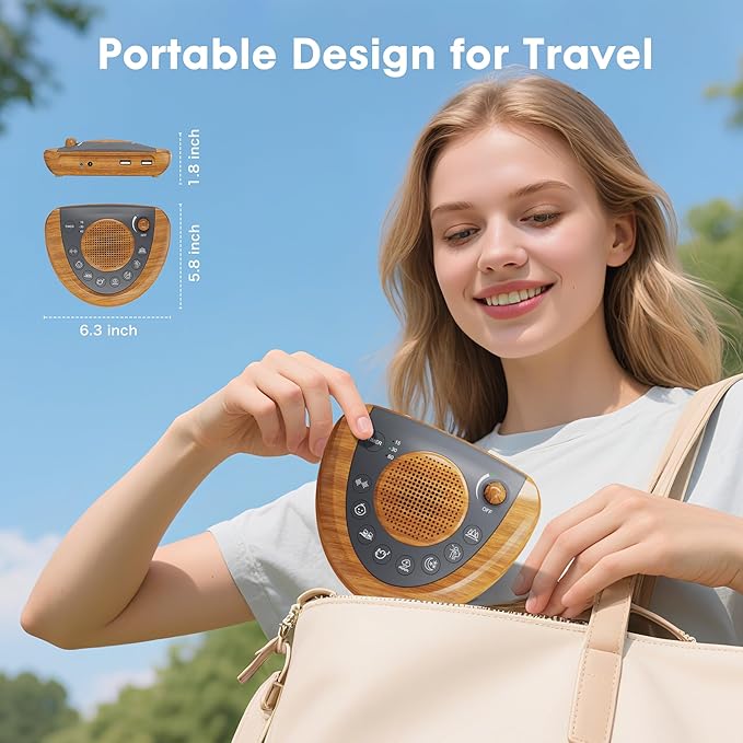 Raynic Noise Machine, Battery Powered Sound Machine, Portable Sleep Machine with 36 Natural Soothing Sounds, Timer, USB Port, Headphone Jack for Baby, Kids, Adults, Travel, Office (Yellow Wood Grain)