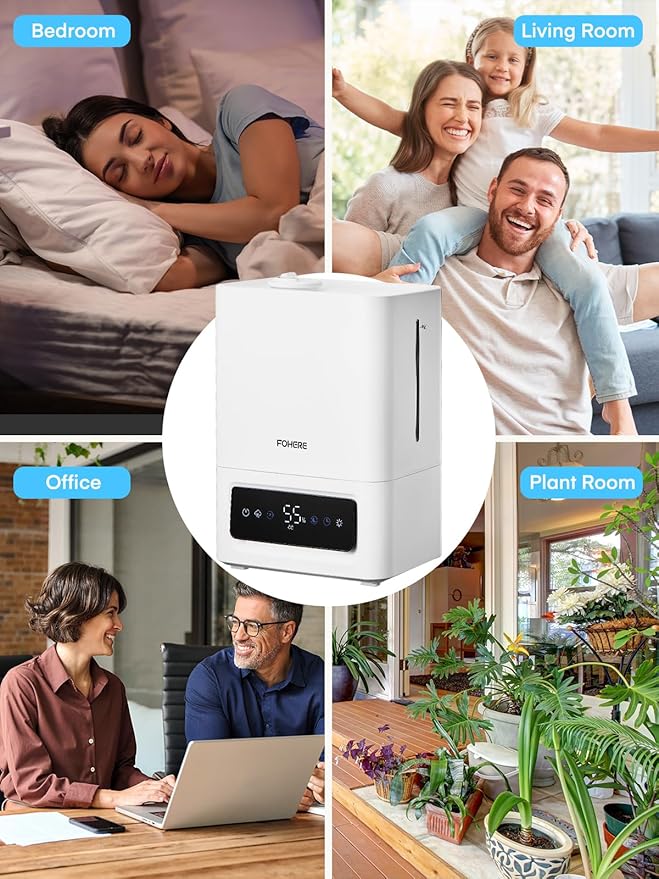 FOHERE 6L Humidifiers for Bedroom, 60H Cool Mist Humidifier for Large Room, 28dB Ultra-Quiet Runtime for Baby, Indoor, Plants, Smart Humidity Sensor, 16H Timer, Night Light, Oil Diffuser, White