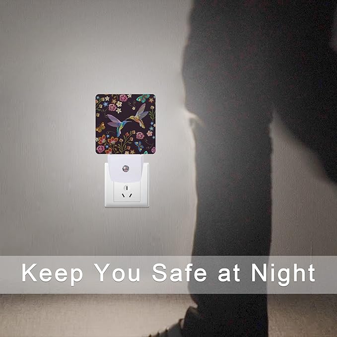 Vintage Hummingbird Butterfly Flowers Night Light Plug-in LED Nightlights Auto Sensor Night Lamp Dusk-to-Dawn Lamp Home Decor for Nursery Children Girls Boys