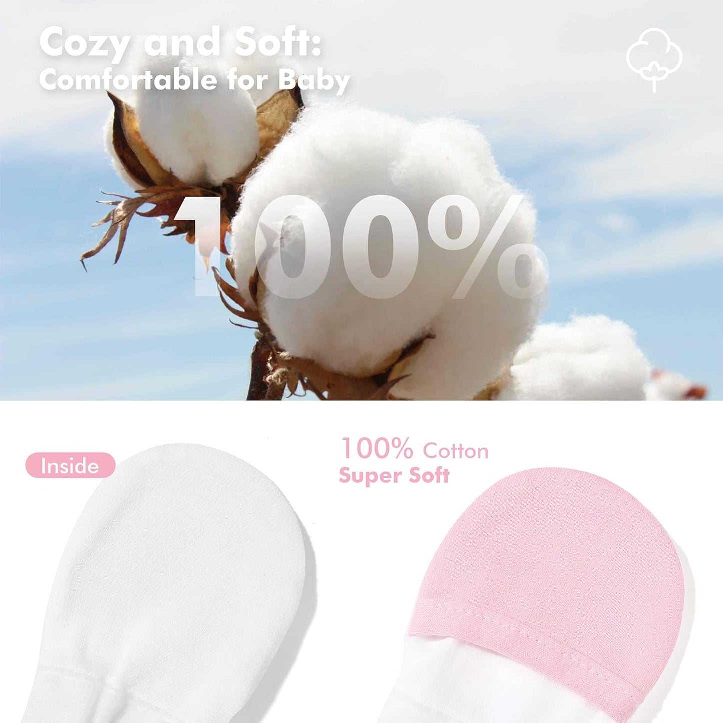 HAPIU Baby No Scratch Mittens Stay On, 100% Cotton Breathable, Adjustable Infant Gloves for Boys Girls, Newborn - 12 M