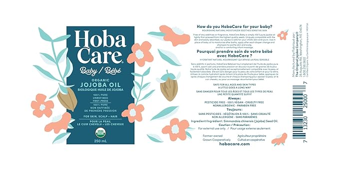 HobaCare Organic Jojoba Baby Oil with Pump Dispenser – 100% Pure Natural Unrefined Unscented Hexane Free Cold Pressed Jojoba Oil for Baby Hair, Infant Skin, Scalp Moisturizing (8.45 oz)