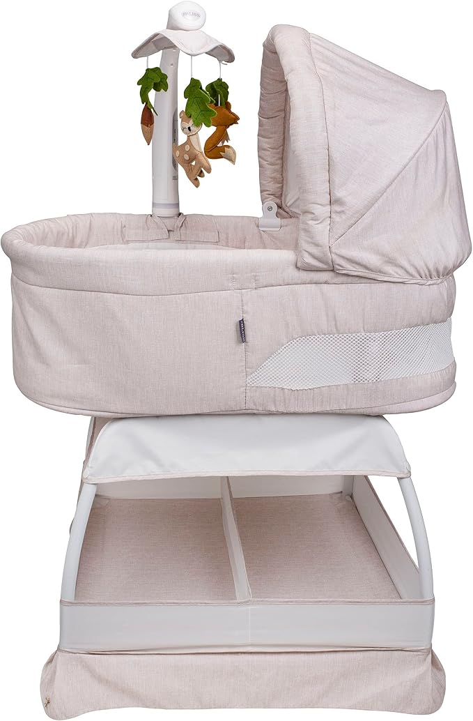 Baby Sweetli Calm Infant Bassinet Bedside Crib Sleeper with Cry Recognition, Electric Mobile with Deluxe Toys, Music, Nightlights, Vibration (Wheat Melange)