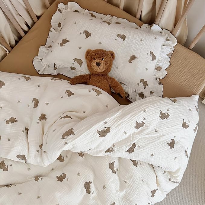 BuLuTu Cartoon Bear Muslin Pillowcase for Boys Girls Cute Animal Print Toddler Pillow Cases Soft Breathable Cotton Pillow Cover for Young Kids Bedding Nursery Decor,1 Piece, 20"x26"