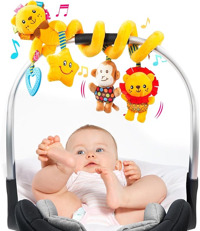 Jollybaby Crib Stroller Car Seat Toys for Baby 0-3-6-9-12 Months, Tummy Time Hanging Sensory Toys for Newborn with Music Box and Teether, Spiral Carseat Toy for Baby Boys Girls Gifts (07-Little Lion)